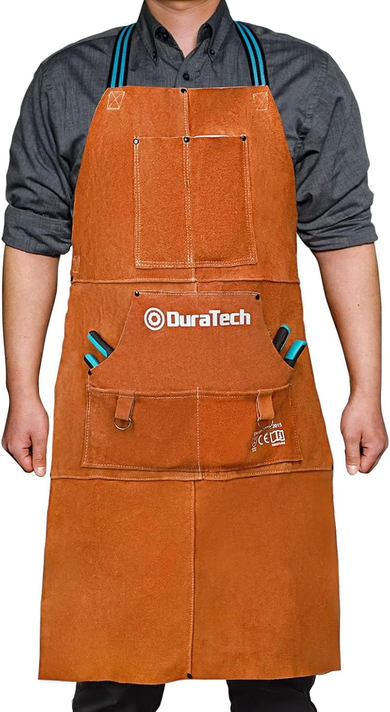 DURATECH Leather Welding Apron, Heat Flame Resistant, 23" x 36" Heavy Duty Work Apron with 6 Tool Pockets, 100% Cowhide Leather - Image 1